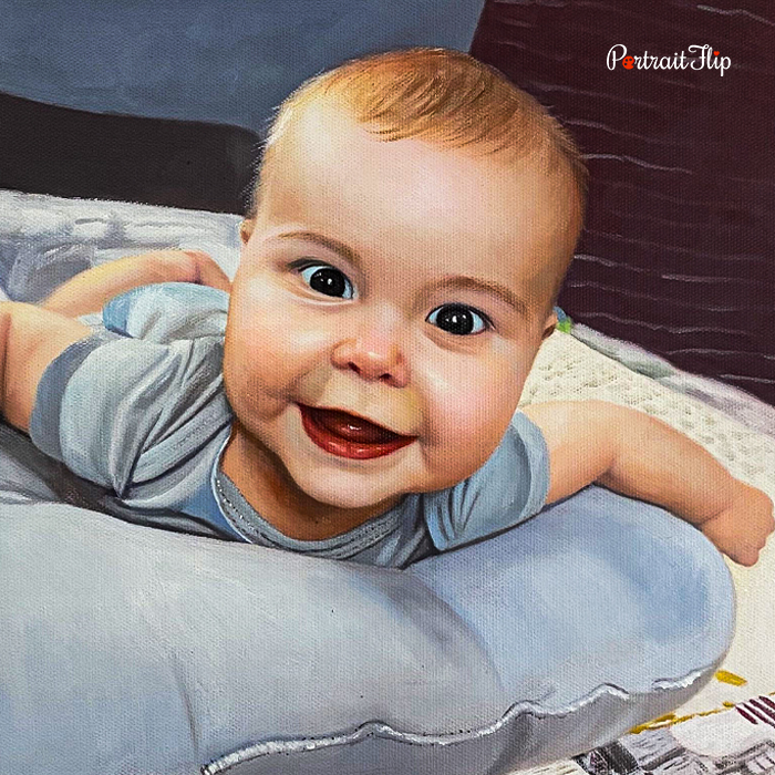 Oil painting of smiling baby on pillow